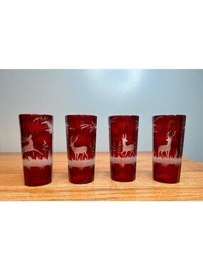 Set of 4 OLD Egermann Bohemian Ruby Red Cut To Clear Deer Scene Thick Glass Tum